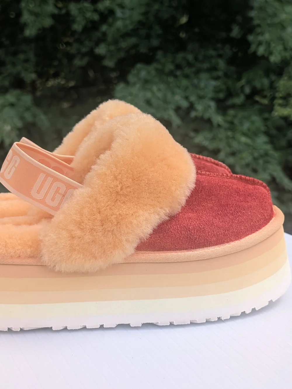 UGG Two-Tone Platform Slide in Orange Faux Fur and Orange Red Upper 7